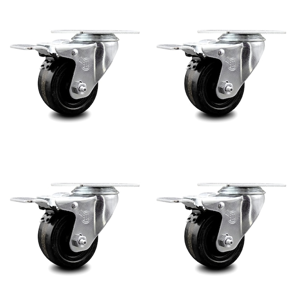 3.5 Inch Phenolic Swivel Top Plate Caster Set with Total Lock Brake SCC